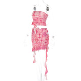 Ruffle ruched print contrast tube mini skirt set