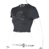 Top de manga corta con cuello redondo y estampado de calavera con cuentas 
