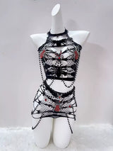 Conjunto de minifalda con apliques de araña, transparente y ahuecado con cuentas 