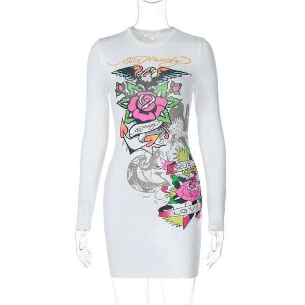 Minivestido con cuello redondo, manga larga y estampado floral 