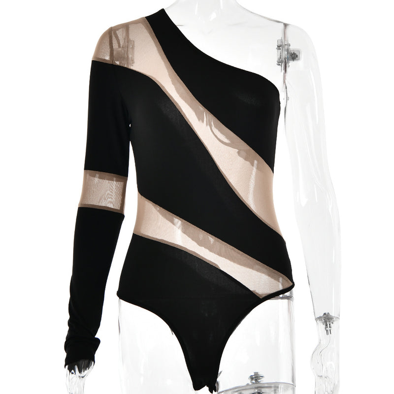 Irregular one shoulder mesh button bodysuit