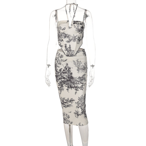 Self tie halter print ruched cami midi skirt set