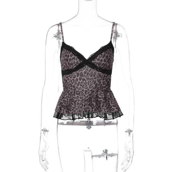 Leopard print mesh v neck lace hem cami top