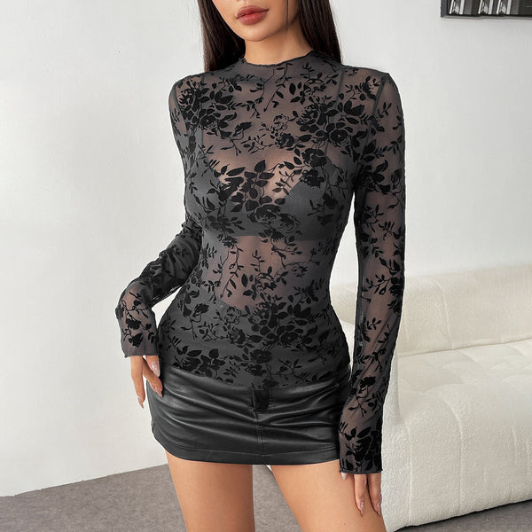 Top liso con estampado floral de malla y manga larga con cuello redondo 