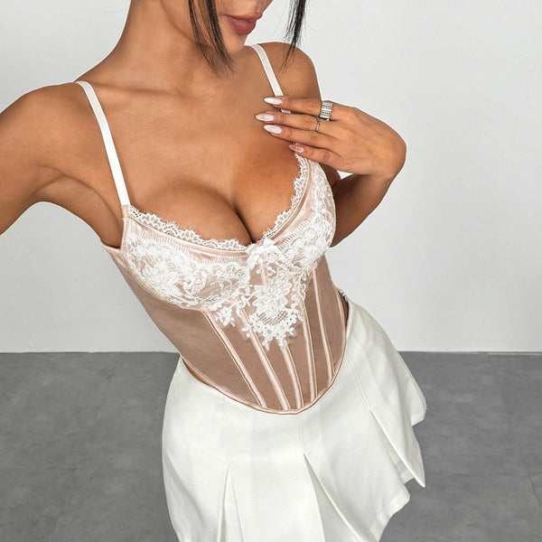 Haut caraco brodé avec ourlet en dentelle et col en V 
