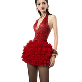 Minivestido con cuello en V profundo, fruncido y volantes tipo halter con purpurina 