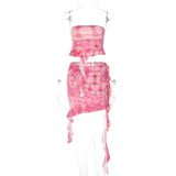 Ruffle ruched print contrast tube mini skirt set