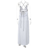 Cross back self tie spaghetti strap v neck slit maxi dress