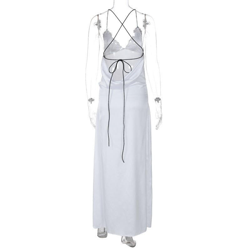 Cross back self tie spaghetti strap v neck slit maxi dress