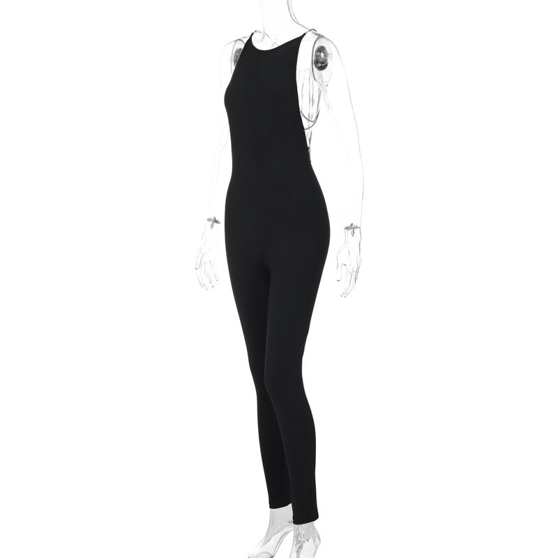 Round neck beaded backless solid jumpsuit