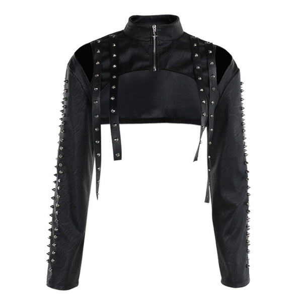 Top de manga larga con cremallera y apliques de remaches de cuero PU, calado 