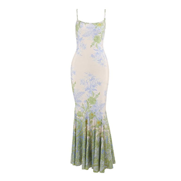 Robe longue camisole contrastée à imprimé floral et col en U 