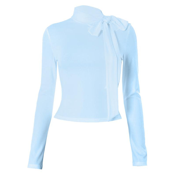 Hollow out bowknot self tie long sleeve solid top