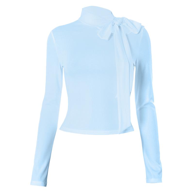Hollow out bowknot self tie long sleeve solid top