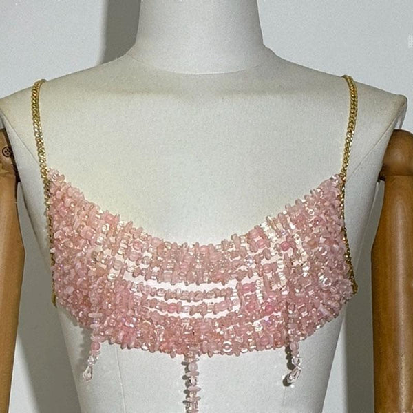 Top camisola con cuello en U, espalda descubierta y cuentas de cadena de metal 