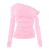 Irregular long sleeve hollow out ruched one shoulder top