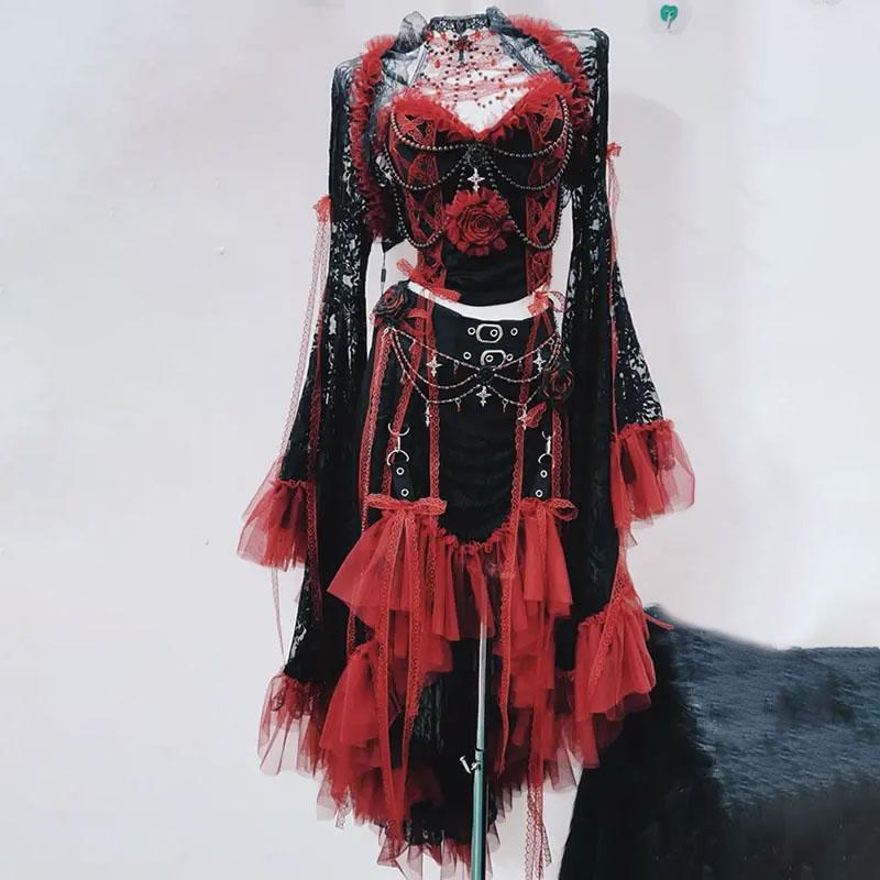 Ensemble jupe midi à volants et appliques de fleurs perlées à manches longues 