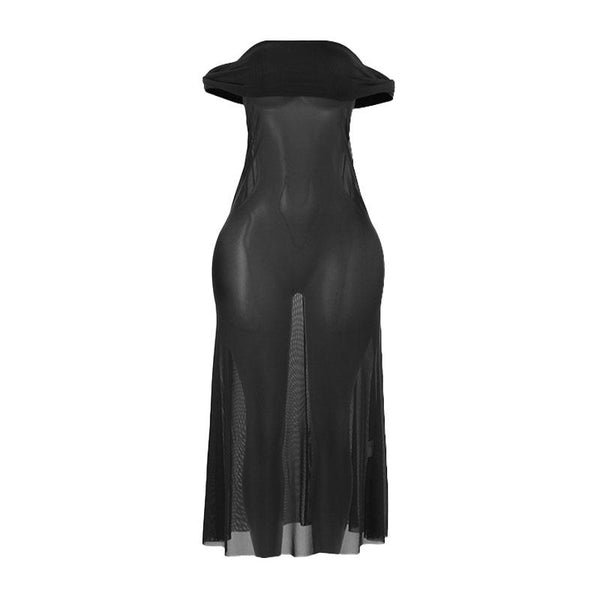 Vestido largo de malla fruncida con hombros descubiertos y transparencias 