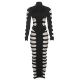 Conjunto de falda maxi con botones, cuello alto y manga larga calada 