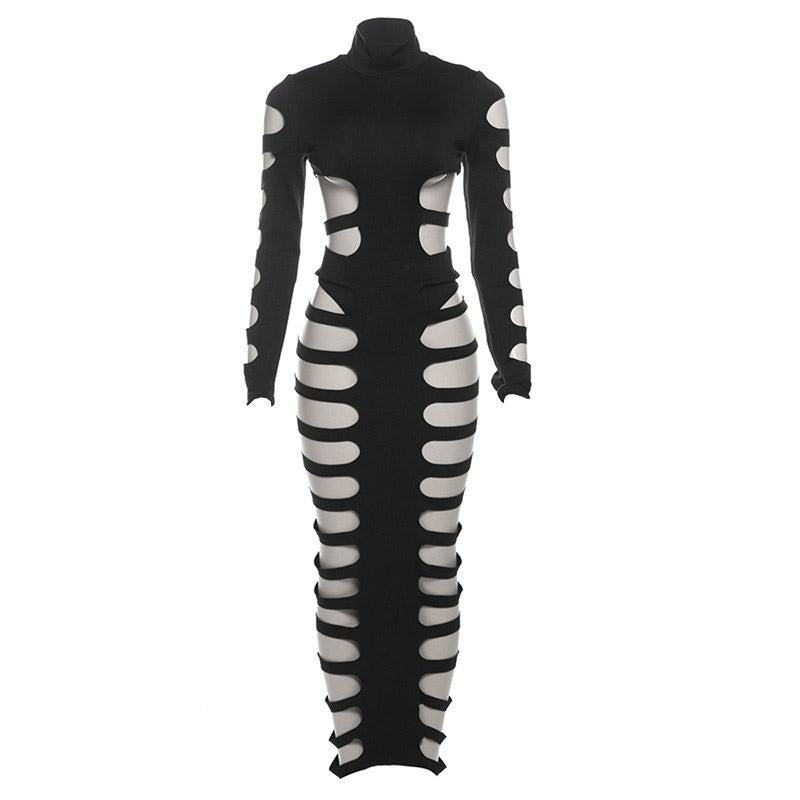 Conjunto de falda maxi con botones, cuello alto y manga larga calada 