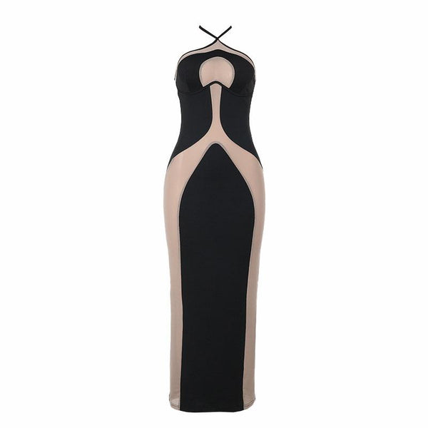 Vestido largo sin espalda con parches de malla y lazo tipo halter 