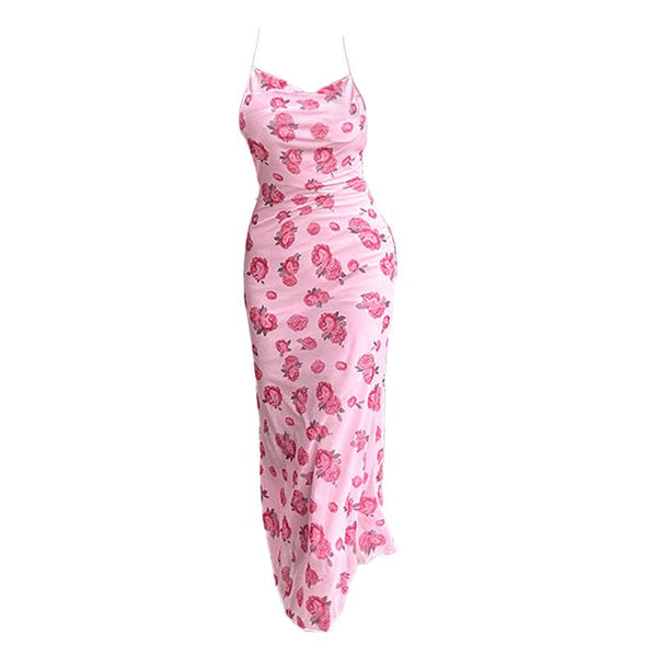 Vestido midi con tirantes finos, estampado floral y cuello vuelto de malla 