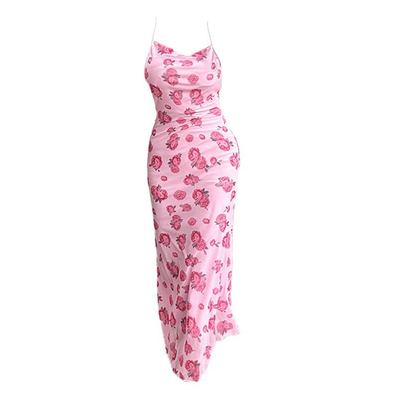Mesh cowl neck flower print spaghetti strap midi dress