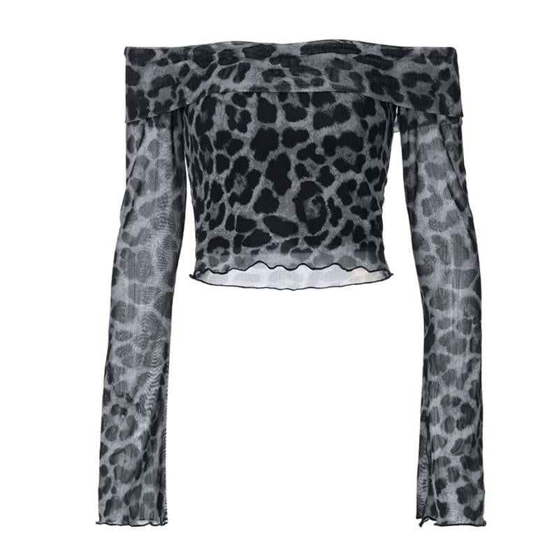 Long sleeve off shoulder leopard print ruffle top
