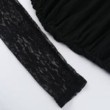 Vestido mini de manga larga con encaje calado y fruncido con lazo 