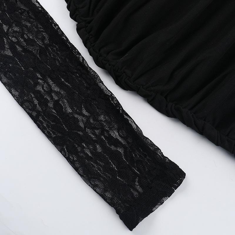 Vestido mini de manga larga con encaje calado y fruncido con lazo 