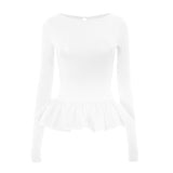 Ruched long sleeve round neck hollow out ruffle top