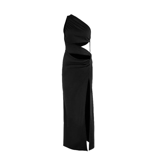 Irregular hollow out slit ruched one shoulder mini dress