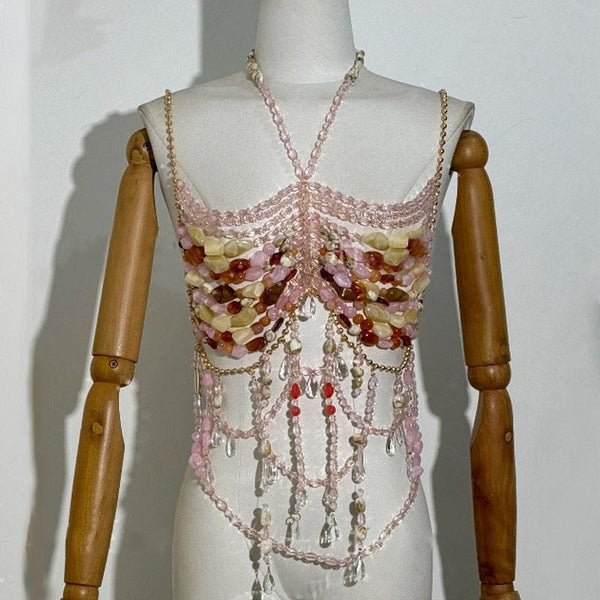 Haut camisole ajouré avec chaîne en métal et perles 