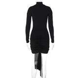 Vestido mini fruncido de manga larga con cuello alto y aberturas 