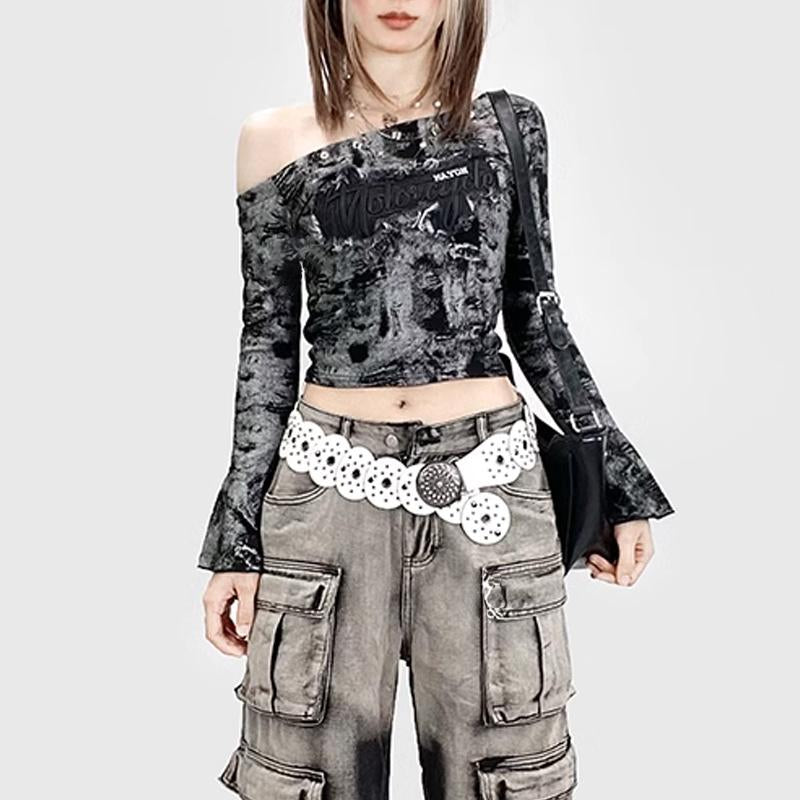 Haut asymétrique à manches longues évasées et imprimé tie-dye irrégulier 