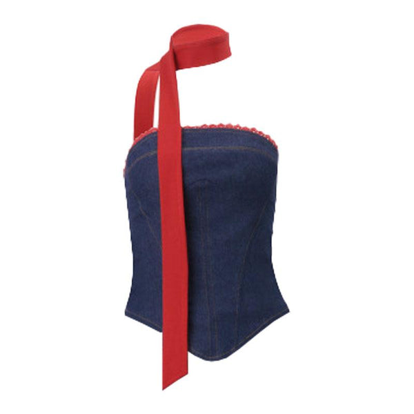 Haut tube en jean avec ourlet en dentelle et corset à lacets 