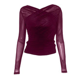 Ruched mesh long sleeve v neck solid top