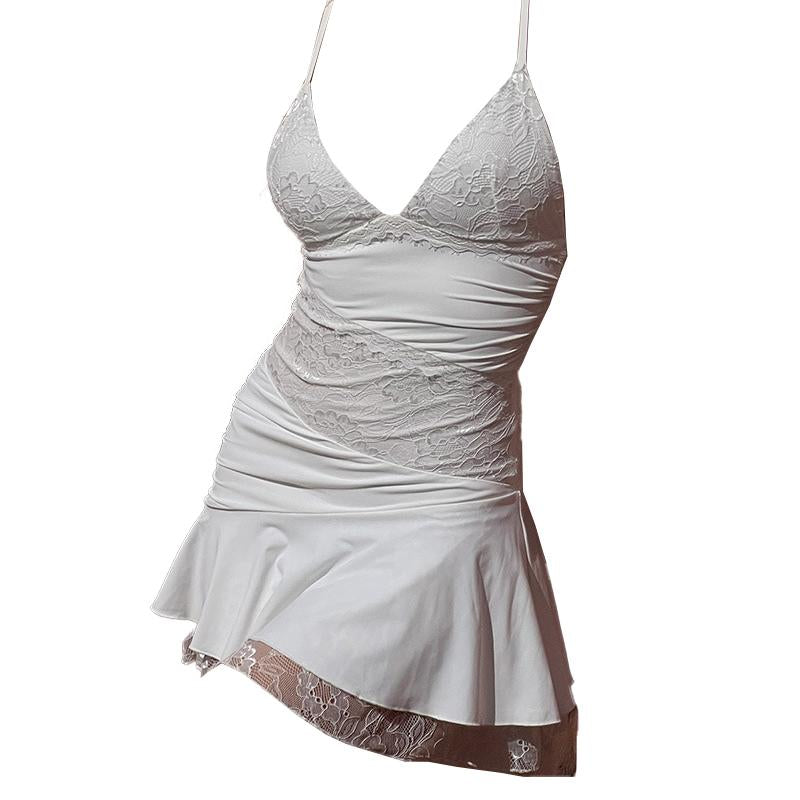 Vestido mini liso fruncido con escote en V y dobladillo de encaje 