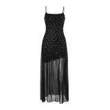 Vestido largo camisola sin espalda con cuentas y cuello en U de malla 