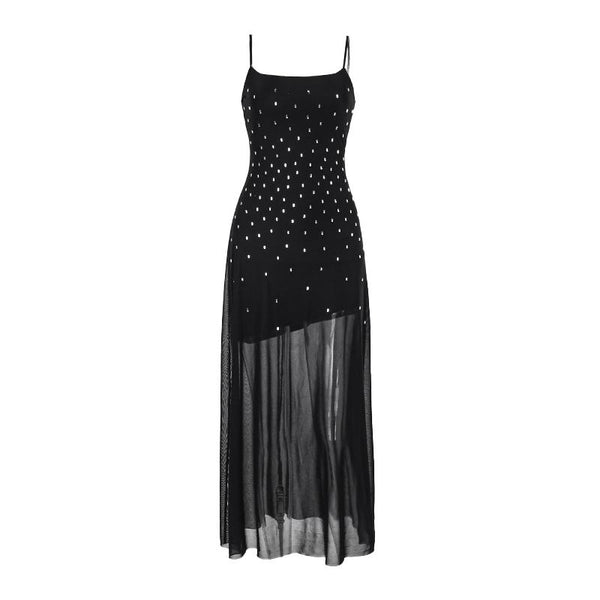 Vestido largo camisola sin espalda con cuentas y cuello en U de malla 