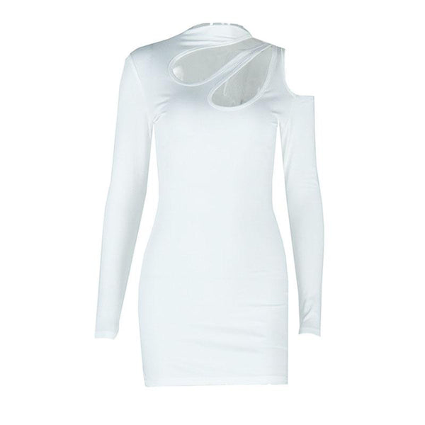 Long sleeve hollow out irregular solid mini dress