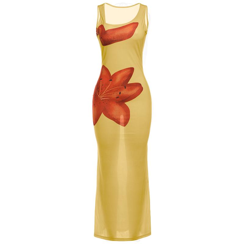 Irregular u neck flower print see through maxi dress