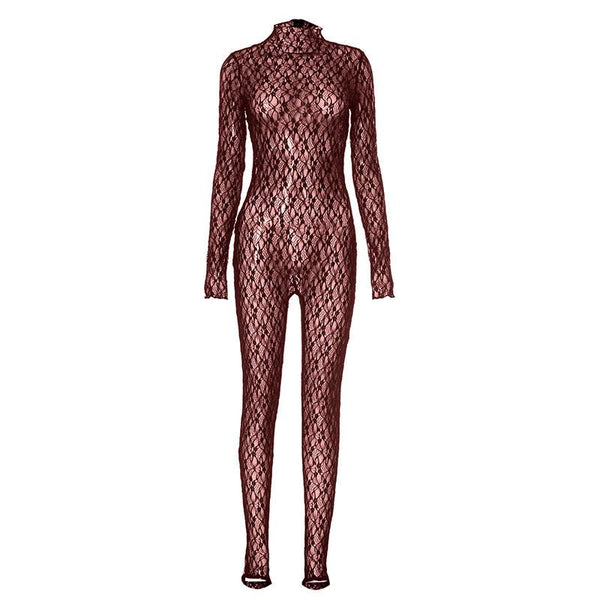 Long sleeve lace high neck zip-up see through jumpsuit
