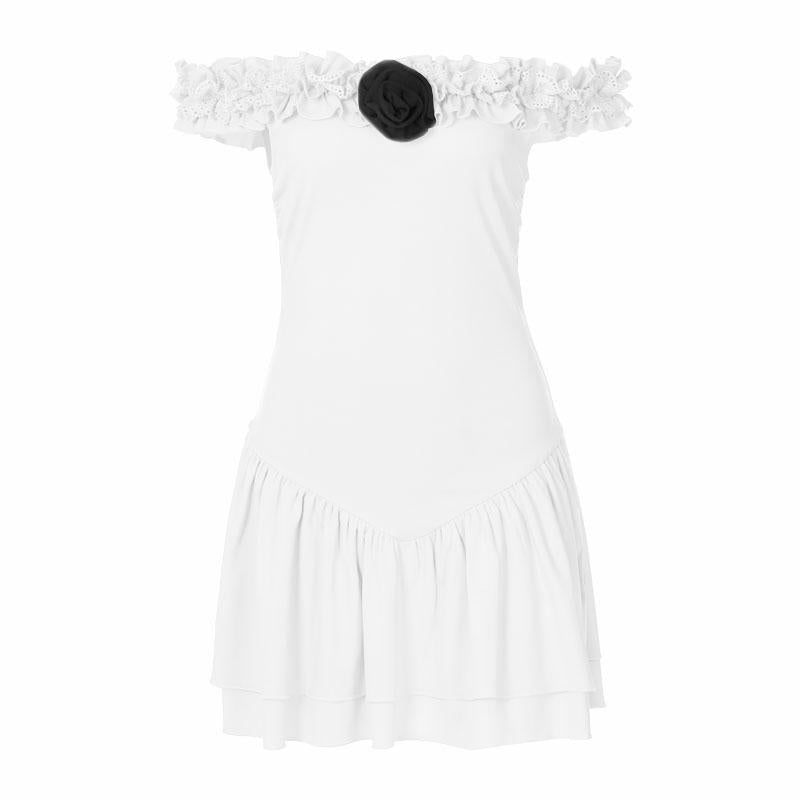 Vestido mini fruncido con volantes y apliques de flores en los hombros 
