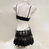 Irregular hollow out zip-up pleated cami mini skirt set
