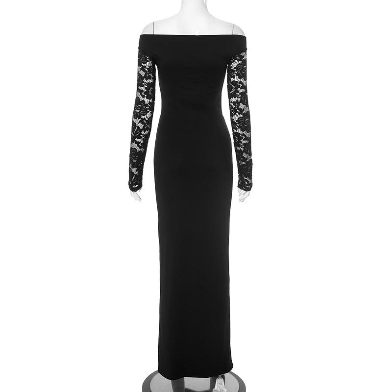 Long sleeve hollow out slit off shoulder lace maxi dress