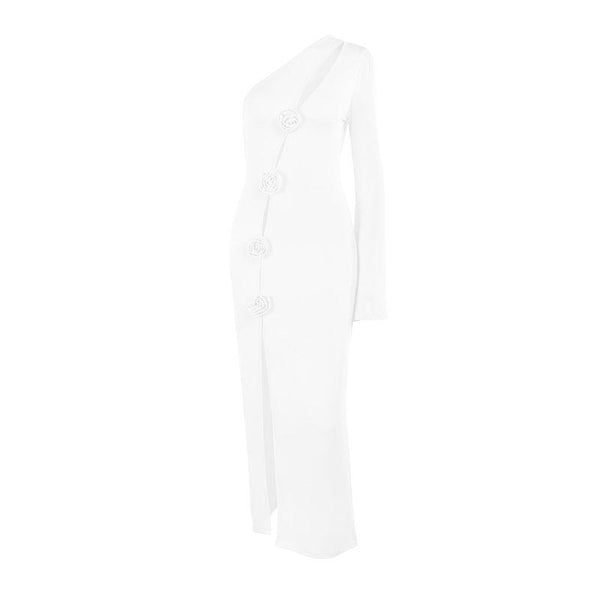 Irregular high slit flower applique long sleeve maxi dress
