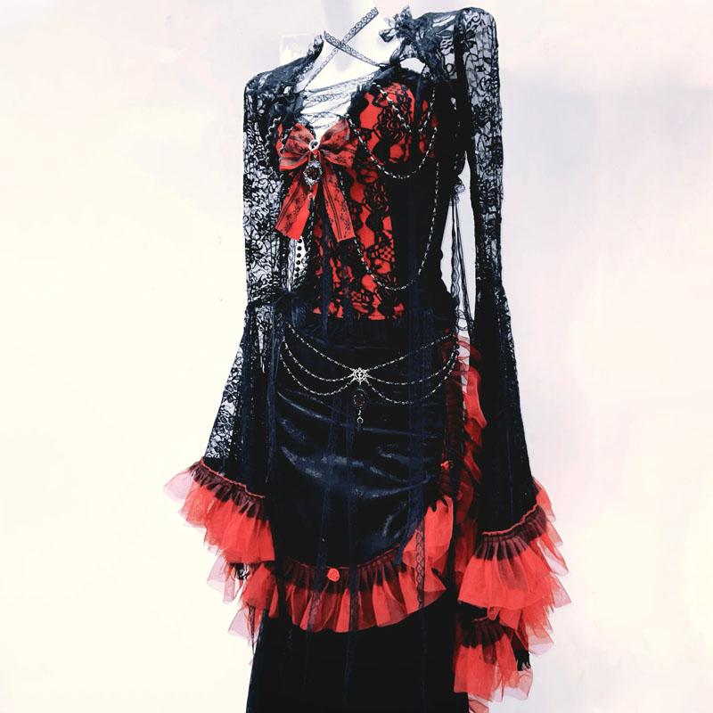 Robe longue plissée en dentelle à manches longues évasées et nœud papillon 