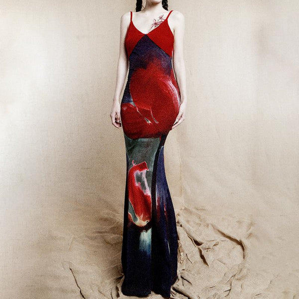 Robe longue camisole zippée en velours à imprimé floral et col en V 