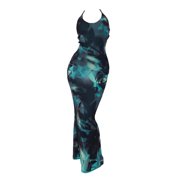 Robe longue fendue à imprimé papillon et col en U 